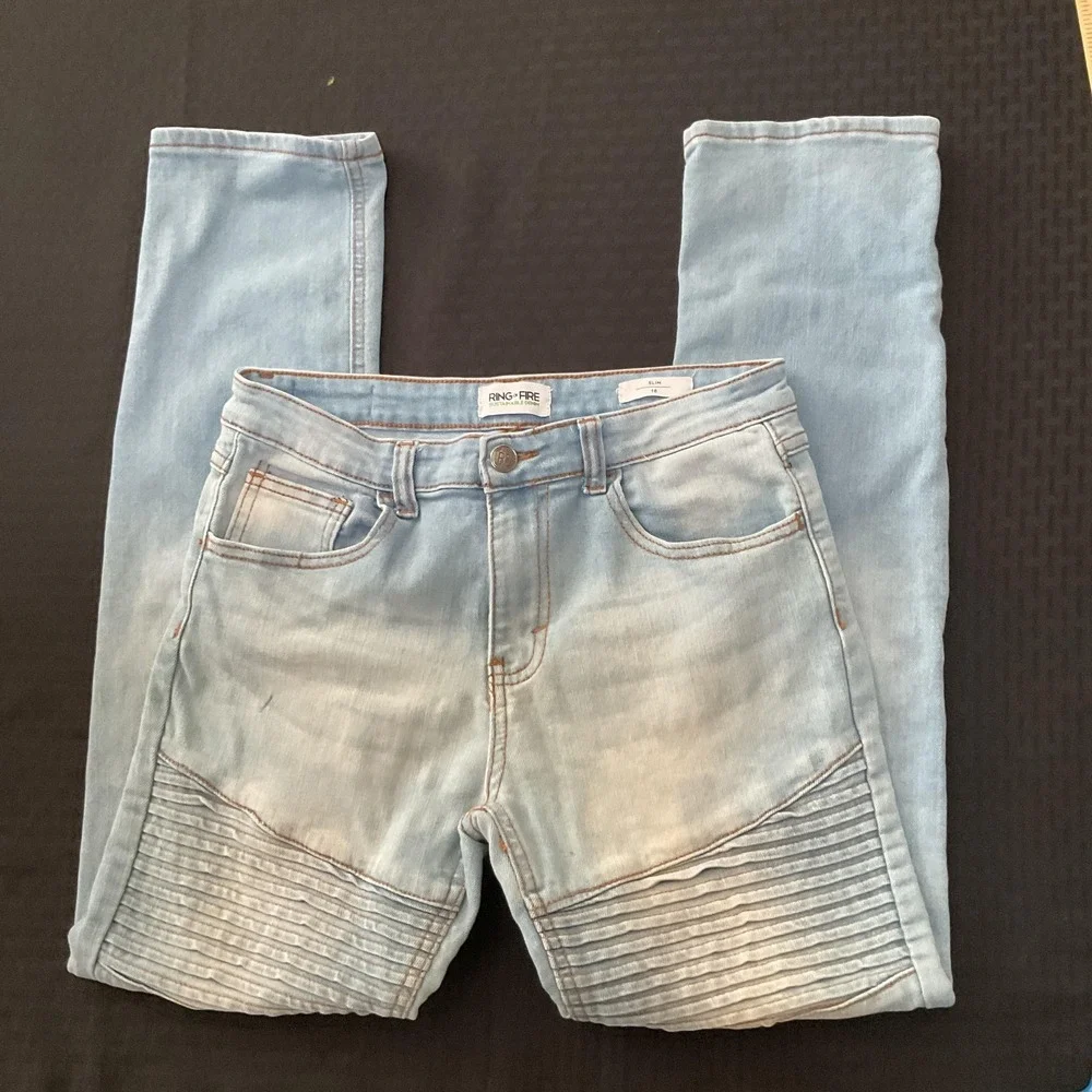 Ring Of Fire Jeans Boys 16 Slim Light Wash Blue Moto Biker‎ Skinny Stretch Denim
